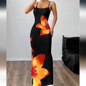 NWOT- Floral Tropical Maxi Dress in Black, Yellow and Orange- MEDIUM